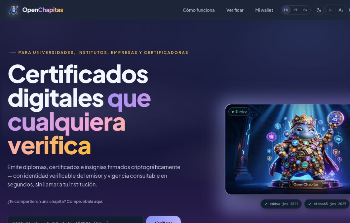 Captura de OpenChapitas: Sitio público · captura de octubre de 2026
