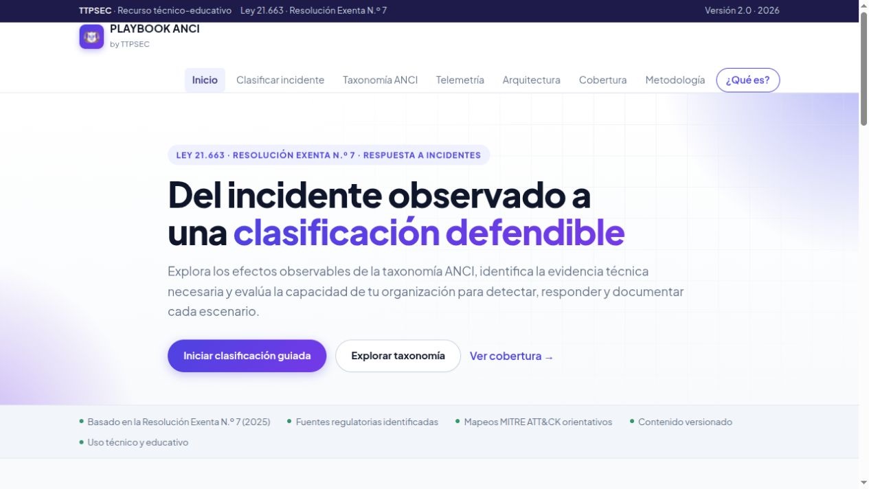 Captura de Playbook ANCI: Interfaz pública · recurso independiente, no oficial de la ANCI · octubre de 2026