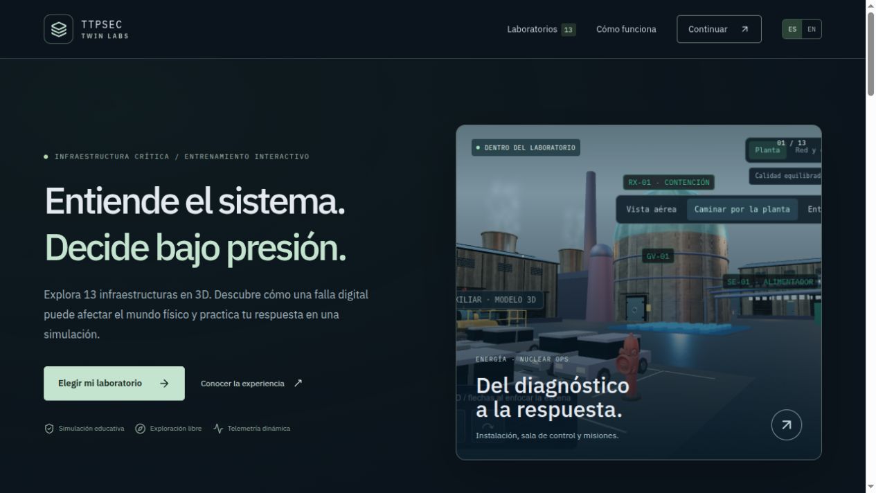 Captura de Gemelos digitales: Interfaz local de Twin Labs · simulación educativa · acceso privado